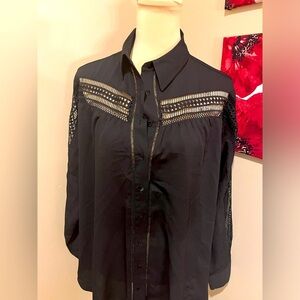 Cowgirl Up Black Western Oversized Crochet panels,  Dressy Blouse, size Large
